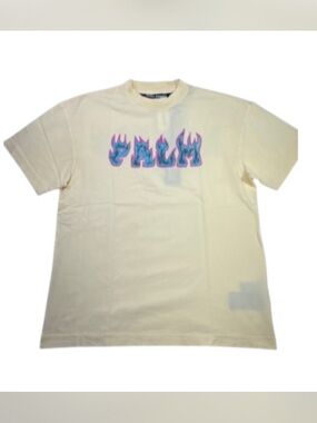 Palm Angels Cream Short Sleeve Tee with Blue & Pink Flame Logo